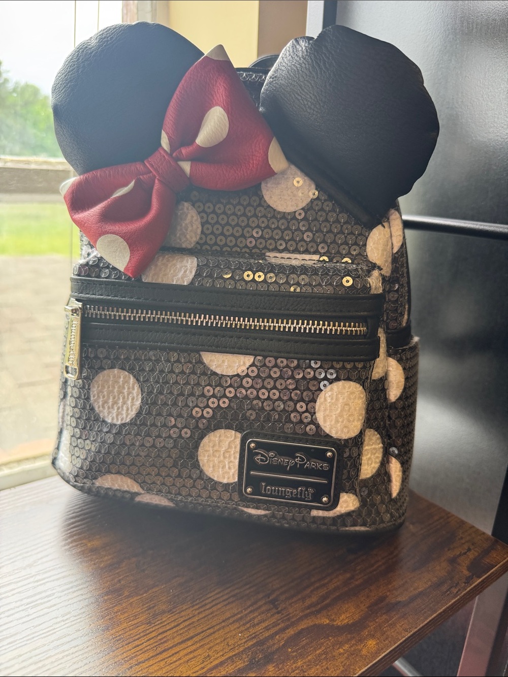 Loungefly Black Sequin Polka Dot Minnie Mini Backpack with Red Bow NWT